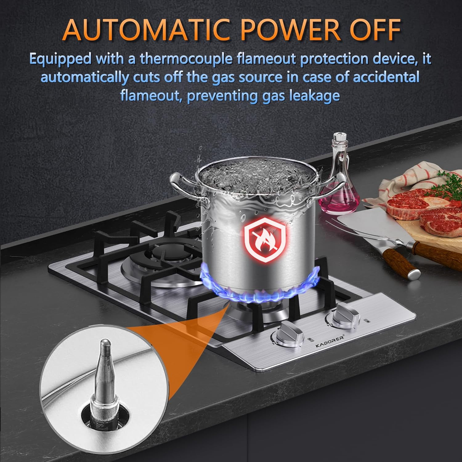 Gas Cooktop 12 inch, Adorer Bulit-in Gas Stove Top with 2 Burner, 12 Inch NG/LPG Convertible Cooktops, Dual Burner Propane Cooktop with Thermocouple Protection, Stainless Steel