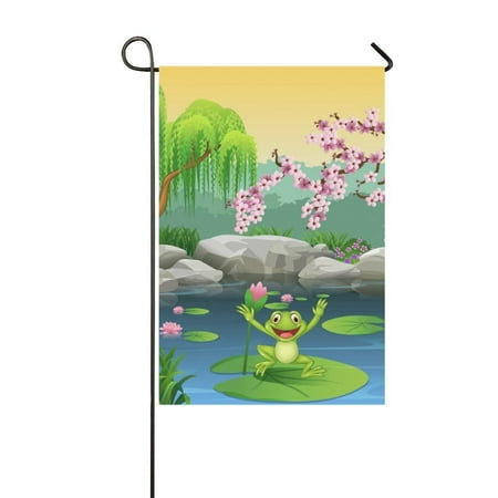 Jumping Frog Water - MYPOP Cute Frog Jumping on the Lily Water Garden Flag Banner 12 x 18 inch