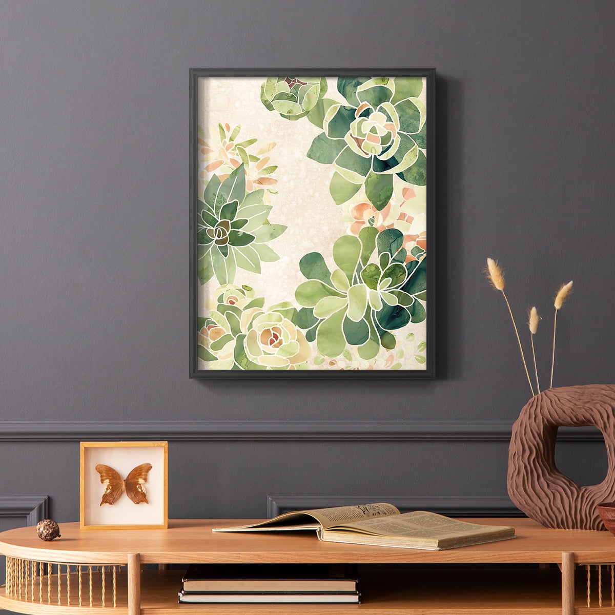 Stained Glass Succulents II Framed Print in Black Solid Wood Framed Print No Nail Hanging