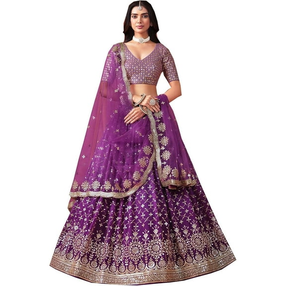 Pakistani Bollywood Style Ready to Wear Marvelous Lehenga Choli With Net Dupatta ( Purple, XXS - 34 )
