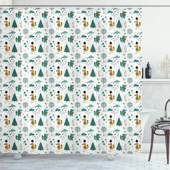 Ambesonne Cartoon Shower Curtain, Funny Fox in the Forest, 69"Wx84"L, Teal Apricot and White