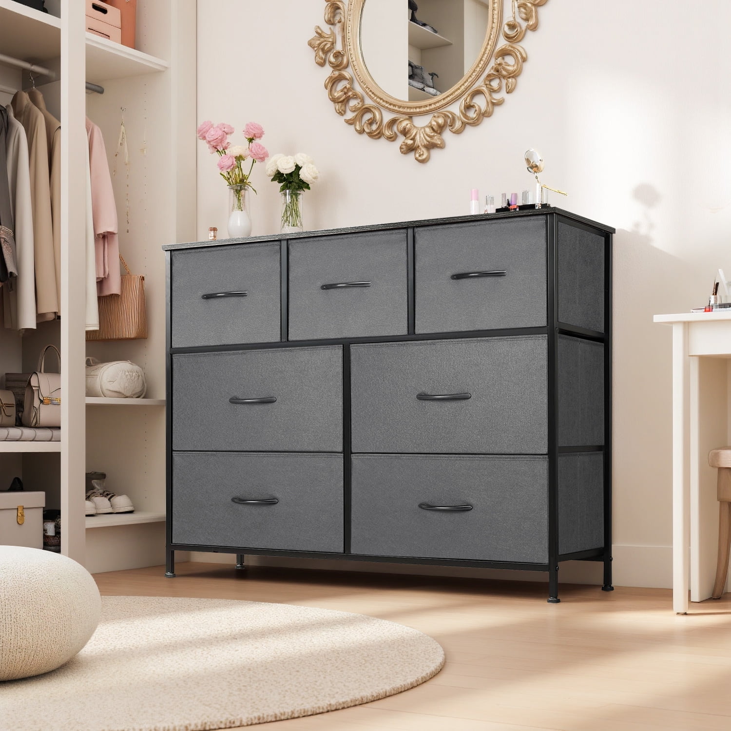 TINKLE WELL Wide 7 Drawer Fabric Dresser, Soft Storage Unit with Bins for Clothes, Toys, Linens, Fits Bedroom, Living Room, Hallway, Grey