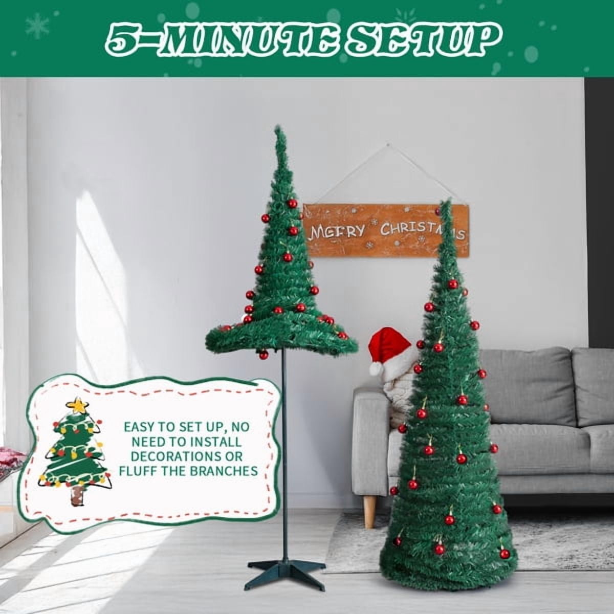 Alvantor 2-Pack Pop-Up Artificial Christmas Trees, 5 ft and 6 ft, Red Ball Ornaments, Green