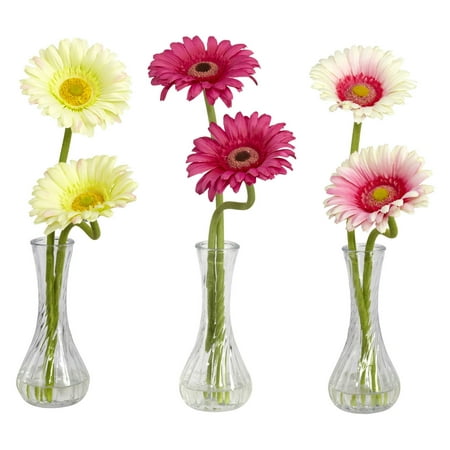 Nearly Natural Gerber Daisy with Bud Vase, Assorted 2, (Best Flowers For Bud Vases)