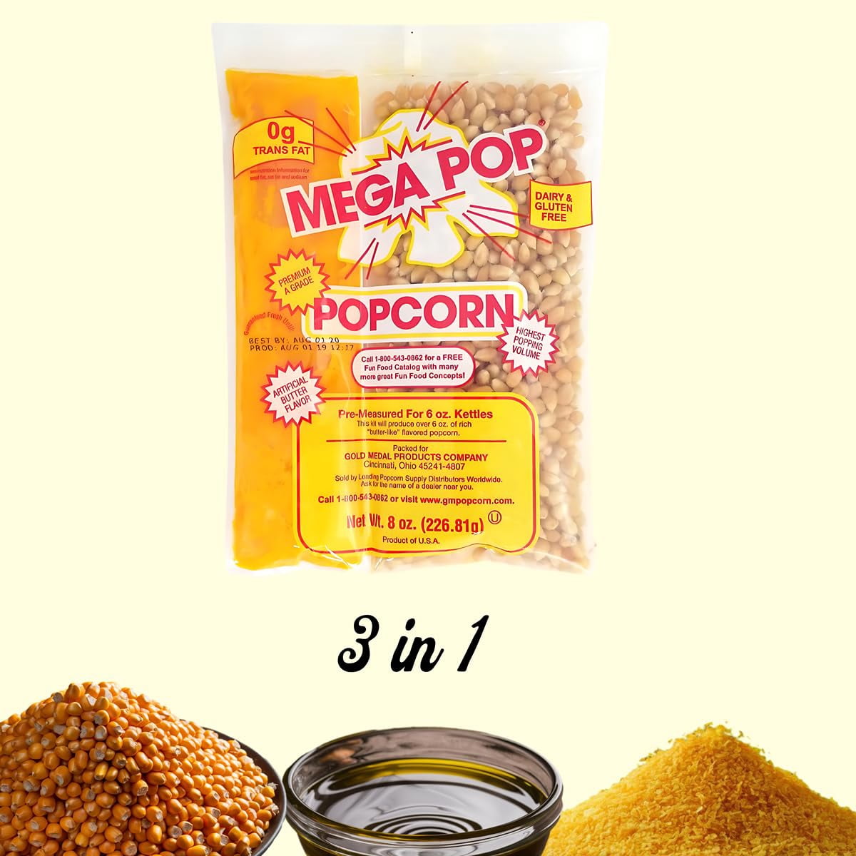 Popcorn Kit - Mega Pop Premium A Grade Popcorn Kit - 8oz Kit for 6oz Popper - Case of 36 | All In One Pack