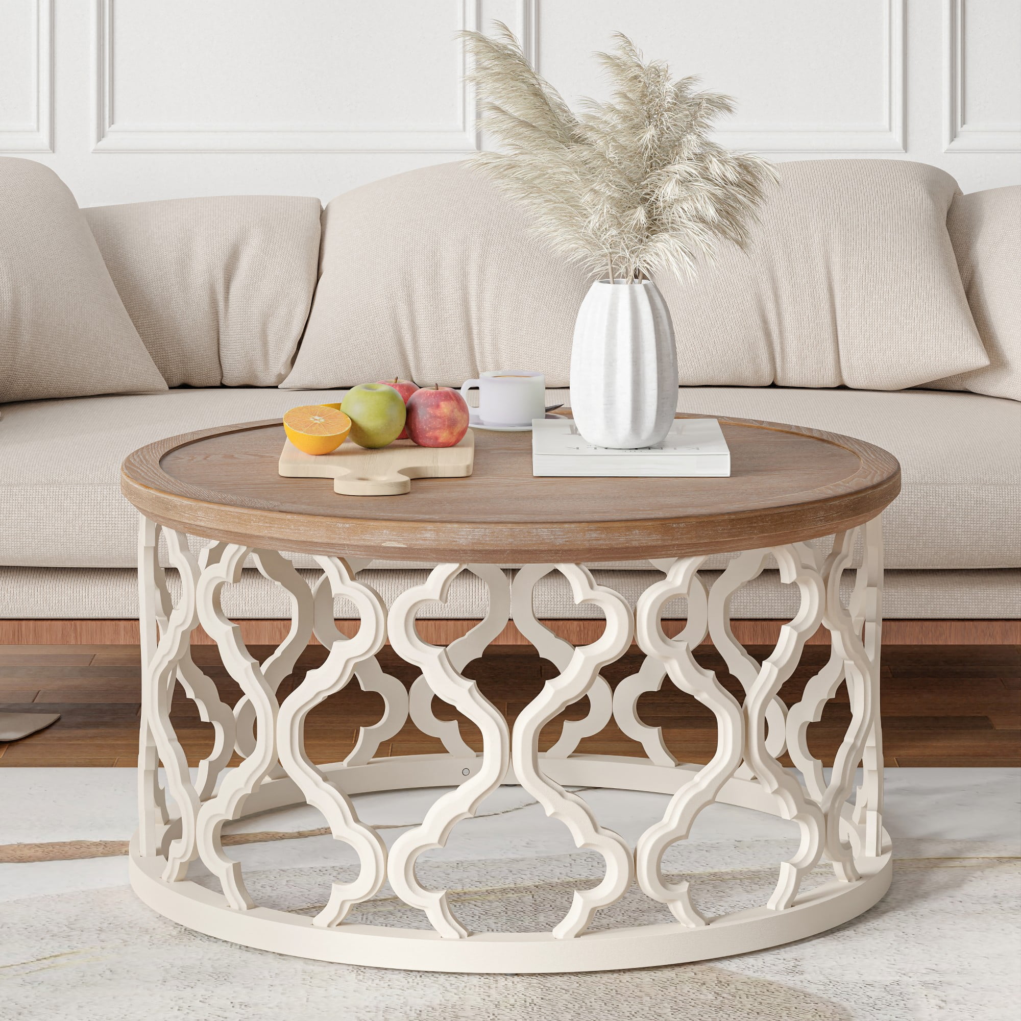 COZAYH Farmhouse Coffee Table, Distressed Tray Top Table with Curved Motif Frame Base for Boho, Rustic, French Country Decor, Round, White