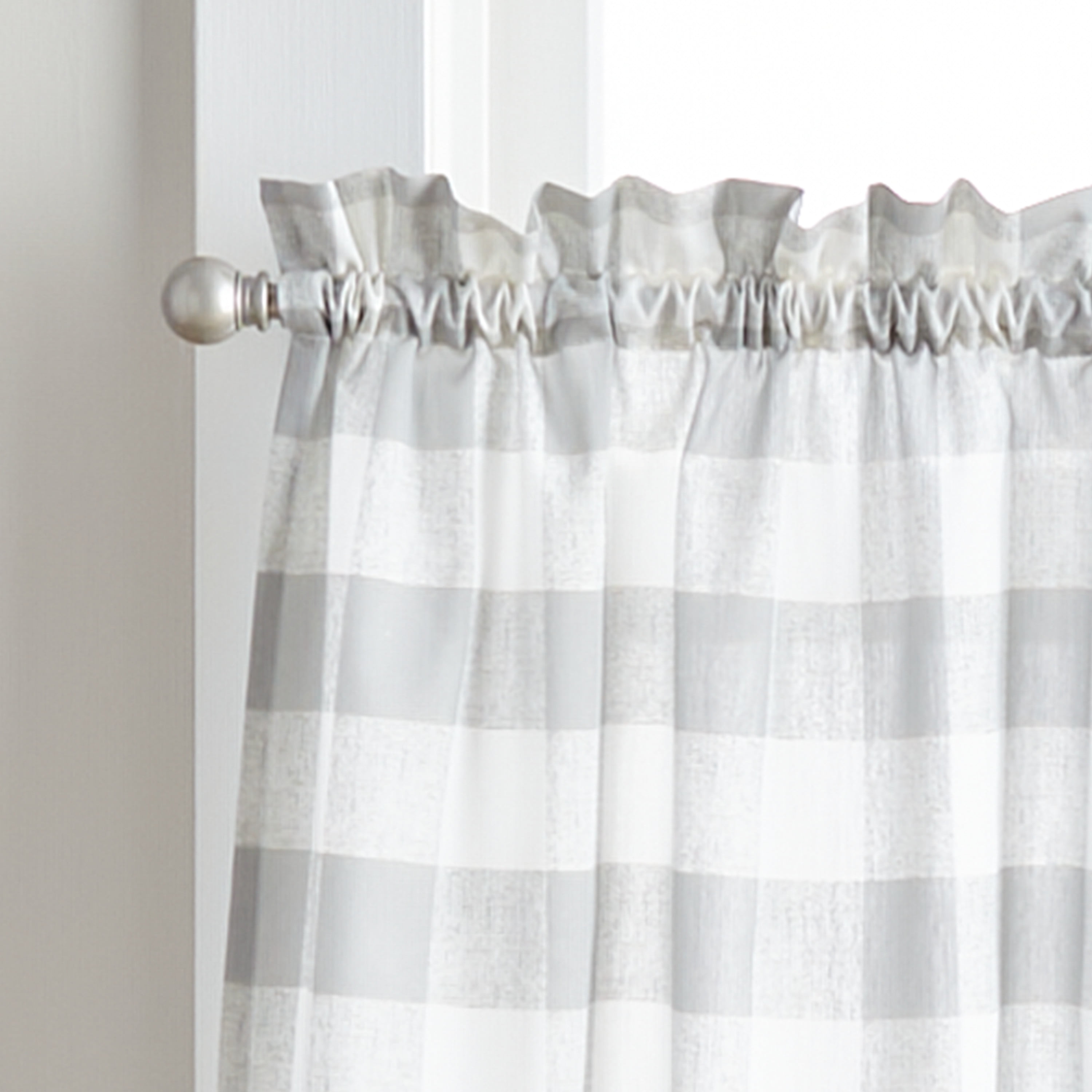 Curtainworks Buffalo Check Valance and Tier Set of 3, Indoor Light Filtering, Polyester, Rod Pocket , Grey , 56"W x 36"L, Adult