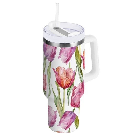JSTEL Tulip Flower Floral Watercolor 40 oz Tumbler Stainless Steel Water Bottle Vacuum Insulated Cup with Straw Lid & Handle For Travel Car Cup Holder