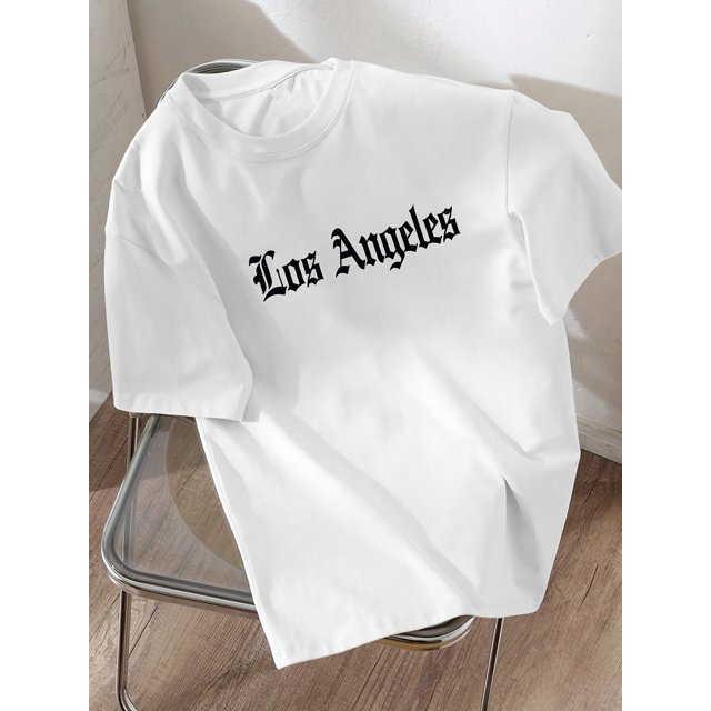 Boys' Los Angeles Graphic Tee - Casual Black Short Sleeve T-Shirt with Cool Cartoon and Letter Print, Cotton, Machine Washable