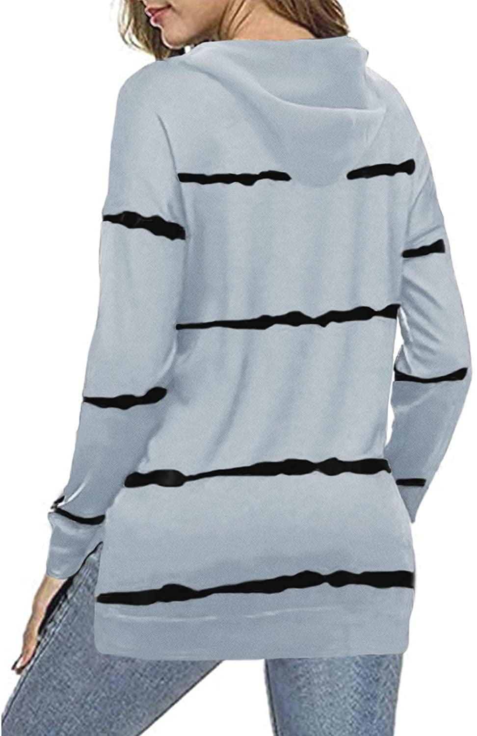 Biucly Womens Casual Hoodie Striped Printed Sweatshirts Long Sleeve Drawstring Pullover Tops Shirts