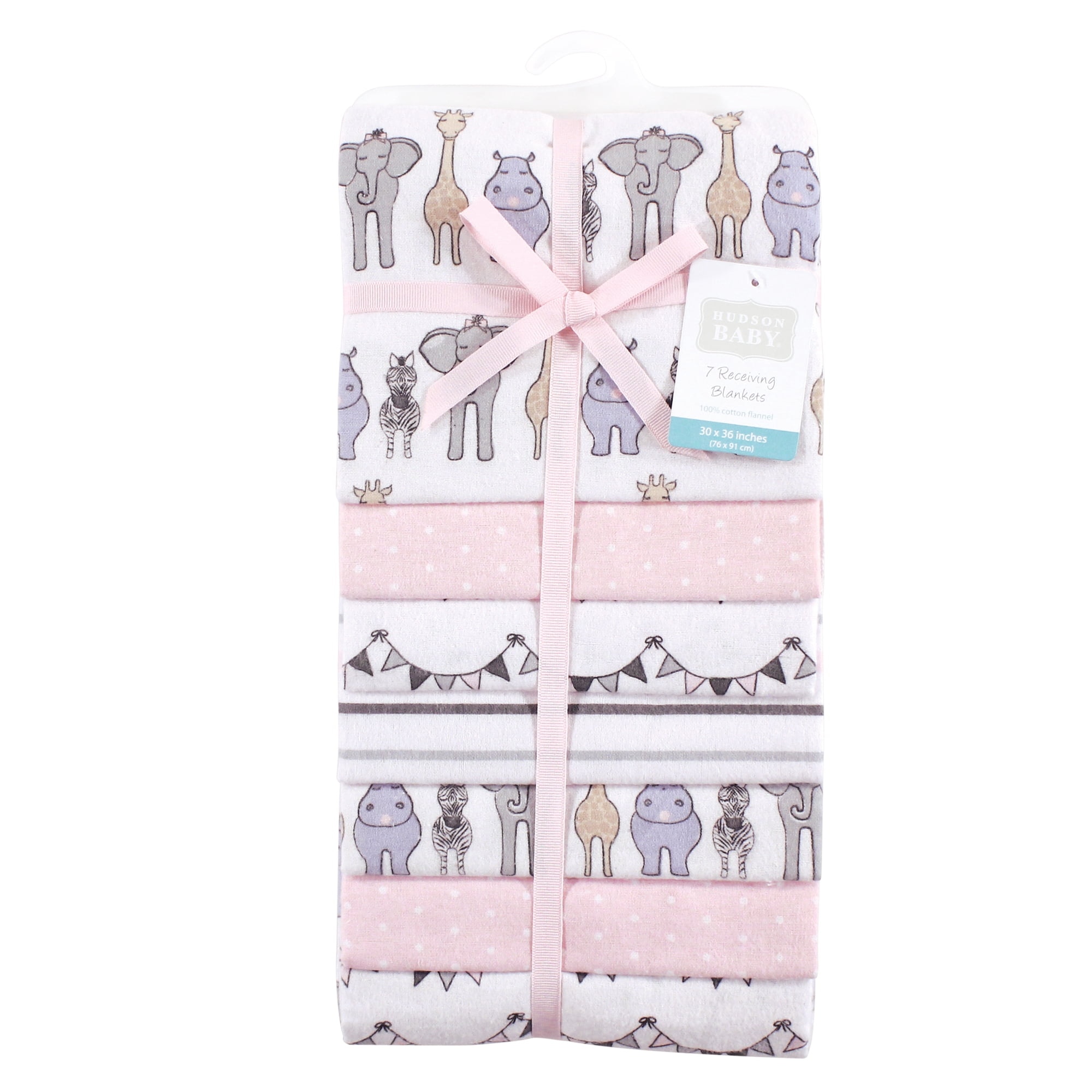 Little Treasure Hudson Baby Girls Cotton Poly Flannel Receiving Blankets 7-Pack, Pink Royal Safari, 30x30 inches