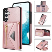 Compatible With Samsung Galaxy S23 FE Phone Case Zipper Card Pocket Design Crossbody Lanyard PU Leather Shockproof Anti-Fingerprint Kickstand Lightweight Phone Cover,Pink