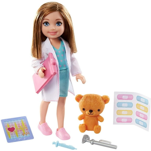 Barbie Chelsea Can Be Playset con muñeca morena Chelsea Doctor (6 in), portapapeles, lector de ECG, calcomotoras de tirita, 2 herramientas médicas, oso de peluche, gran regalo para edades de 3 años en Barbie -