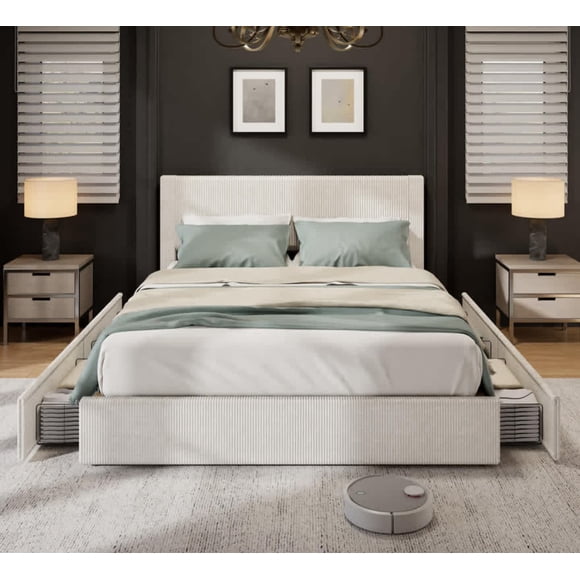 Eastvita King-Size Beige Corduroy Upholstered Bed Frame with Tufted Wingback Headboard/4 Storage Drawers/Wooden Slats Support/No Box Spring Required