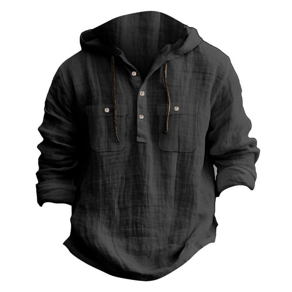 nerohusy Linen Hoodies for Men Lightweight Mexican Guayabera Button Up Beach Summer Hoodie Travel Long Sleeve Hawaiian Shirts Black,M