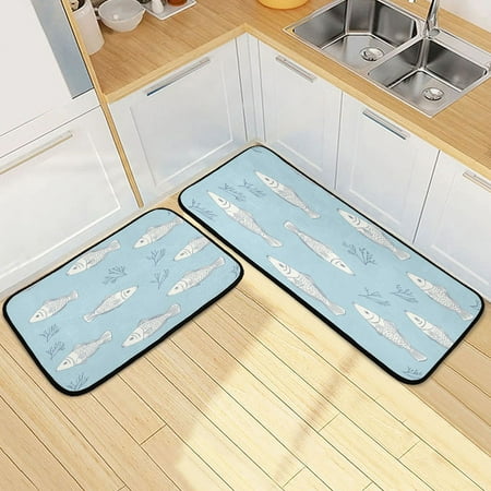 

Kitchen Rug Set 2 Pieces Non Slip Kitchen Mat for Kitchen Home Floor Sink 47 x19 +27 x19 Cute Fish Pattern