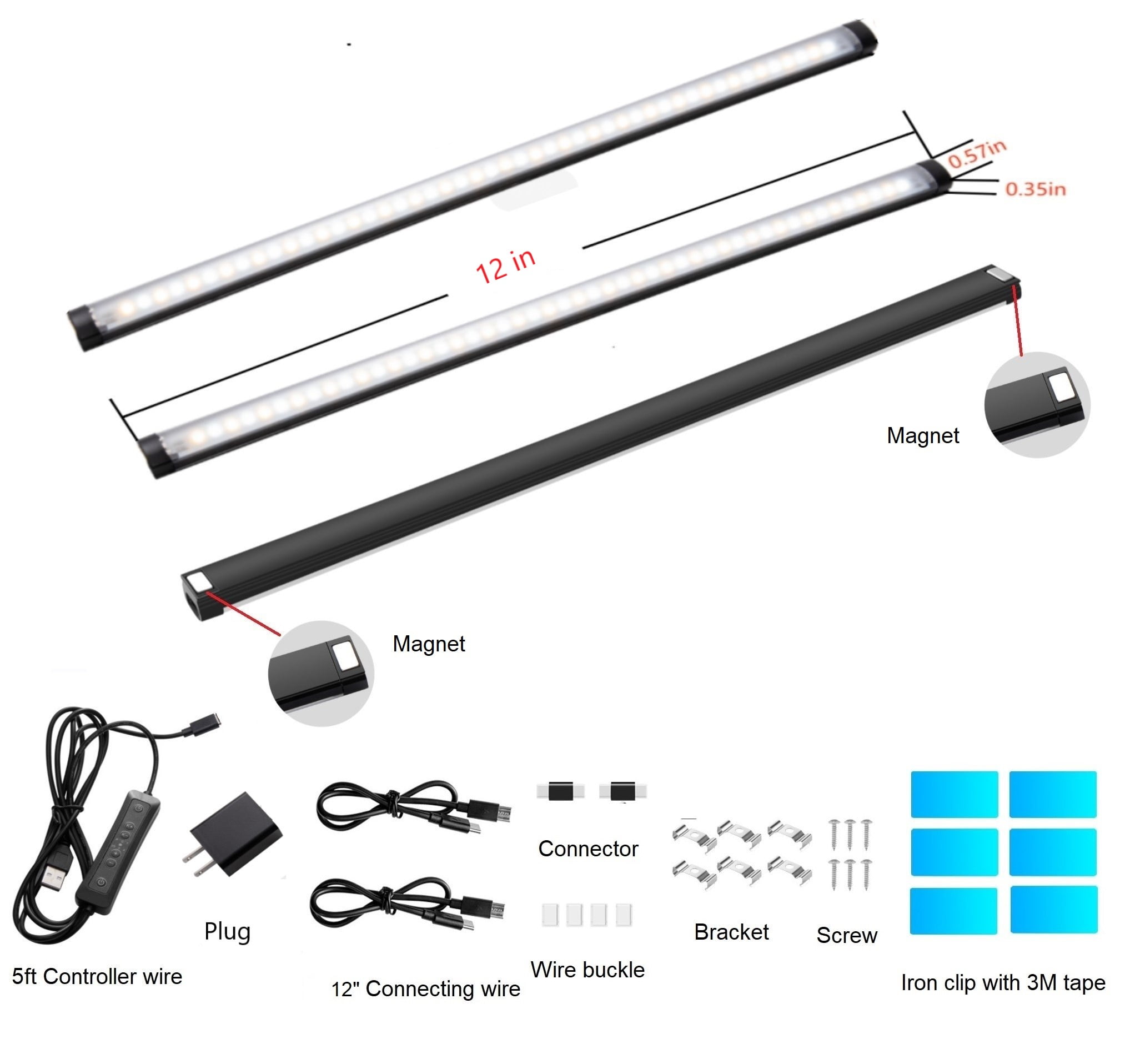 Plug in LED Under Cabinet Lights Bar for Kitchen,Dimmable Mini LED Closet Lamp Warm/Natural/Cold White,Timer Function Counter Lighting Strip for Shelf Display Cupboard Magnet Mounted 3pcs