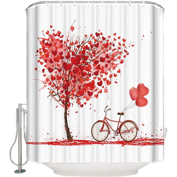 Valentine''s Day Shower Curtain Love Heart Tree Shower Curtains for Bathroom Decor Romantic Bicycle with Heart Shape Balloons Bathroom Decor Sets with Hooks Waterproof 72"x72"
