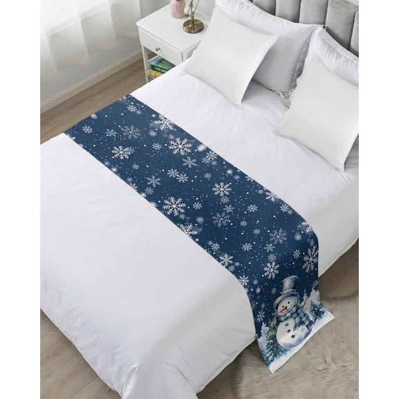 Bed Runner Scarf for Queen Size Bed, Christmas Snowman Beds Scarf Throws for Foot of Bedding, Xmas Trees Navy Blue Snowflake Decorative Beds Runners for Bedroom Guestroom, 83"x20"