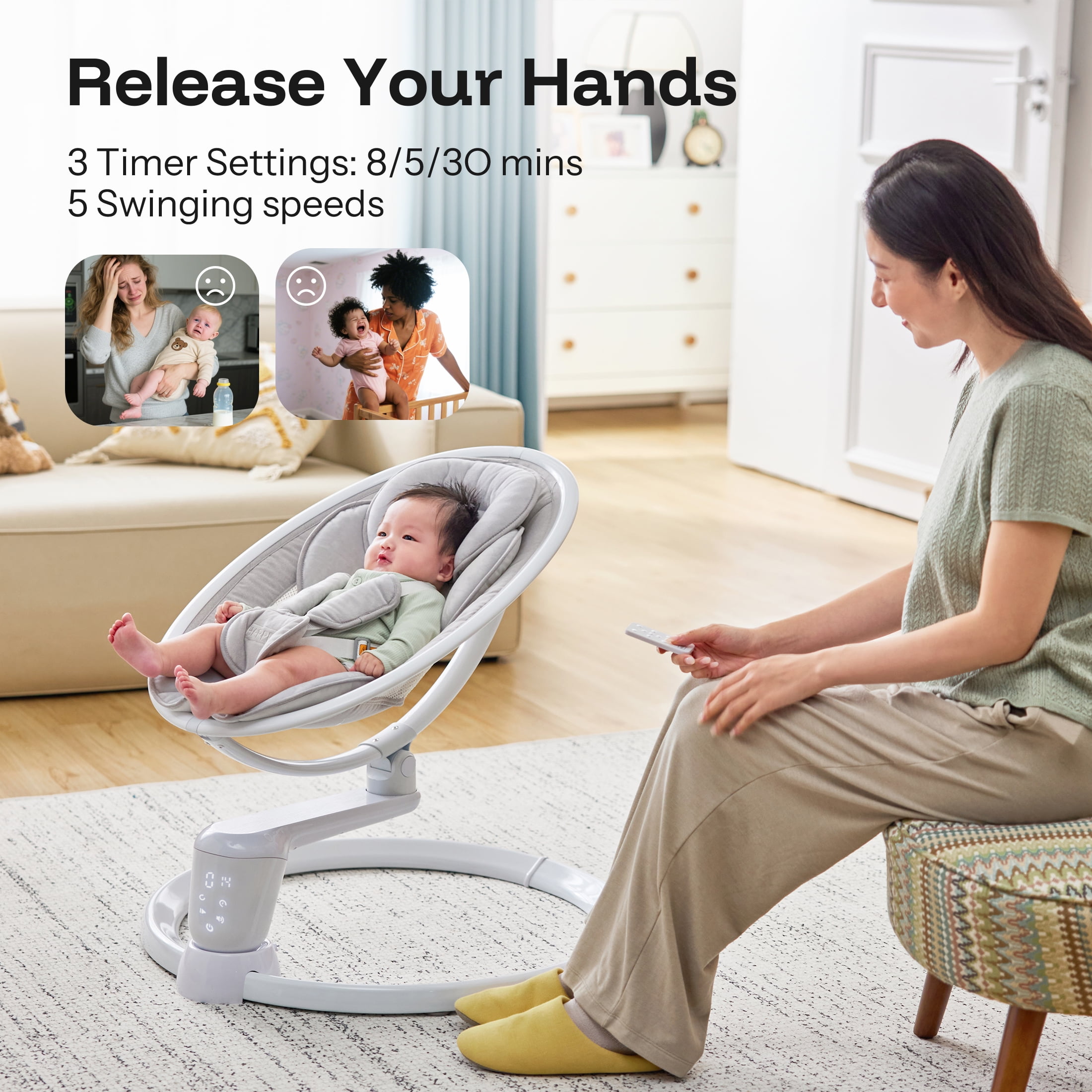 HARPPA Baby Swing for Newborns with Remote Control, 5 Sway Speed,  Gray