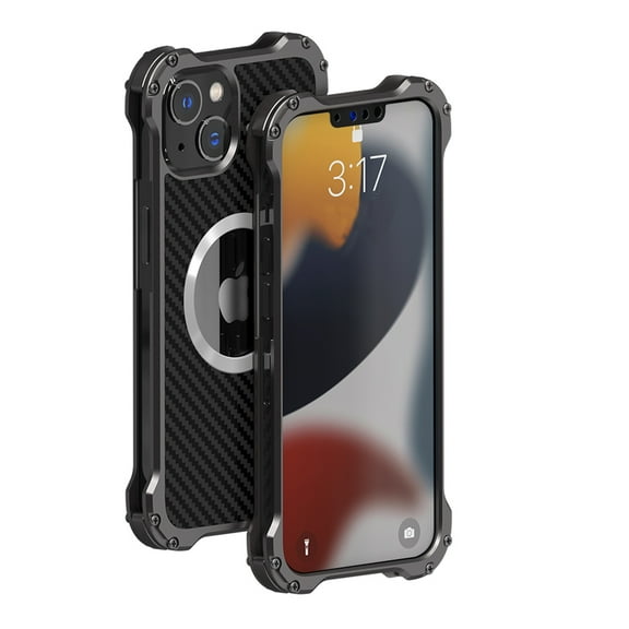 Dteck iPhone 12 Case with Lens Cover, Heavy Duty Shockproof Metal Case with Carbon Fiber Back Compatible with Magsafe,Sturdy Protective Cover with Screws