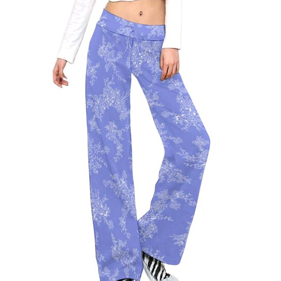 White Floral Blue Fabric Pattern for Women Casual Lightweight Straight Leg Pants Comfy Women's Trousers