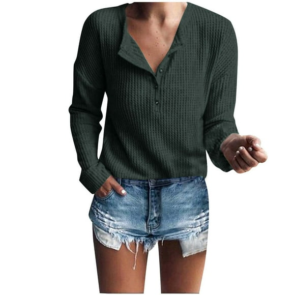 GigrtiJin Womens Knitted Tunic Tops Loose Long Sleeve Button up V Neck Shirts Casual Comfy Solid Color Blouses