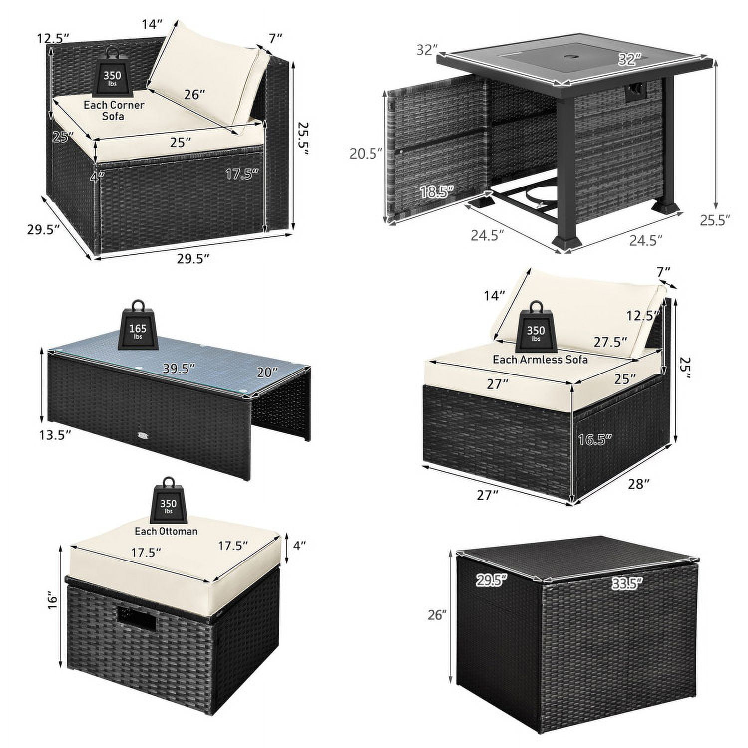 Aimee Lii 9 Pieces Patio Furniture Set with 32” Fire Pit Table and 50000 BTU Square Propane Fire Pit, Outdoor Patio Furniture, White Aimee Lii 9 Pieces Patio Furniture Set with 32” Fire Pit Table and 50000 BTU Square Propane Fire Pit, Outdoor Patio Furniture, White