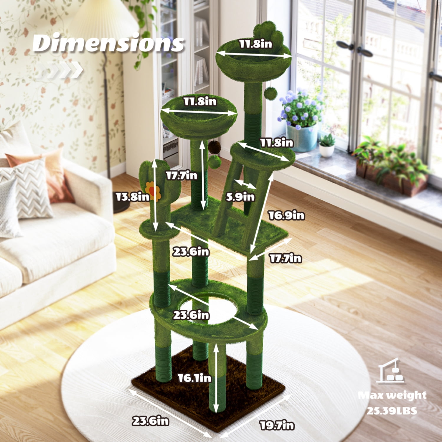 Green 72in Cactus Cat Tree Tall Cat Tower for Indoor Cats with Transparent Capsule Sisal Scratching Posts Plush Perches Interactive Toys Multi Level Activity Center