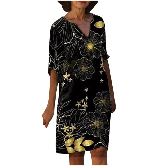Vestidos Para Mujer Moda Casual Media Manga Con Cuello en V Impreso Vestido Suelto Para Mujer Odeerbi ODB127490