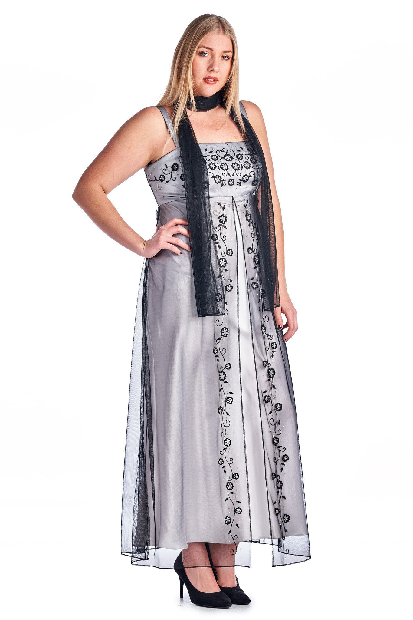 Ignite - Ignite Women's Plus Size Embroidered Evening Gown with Shall ...