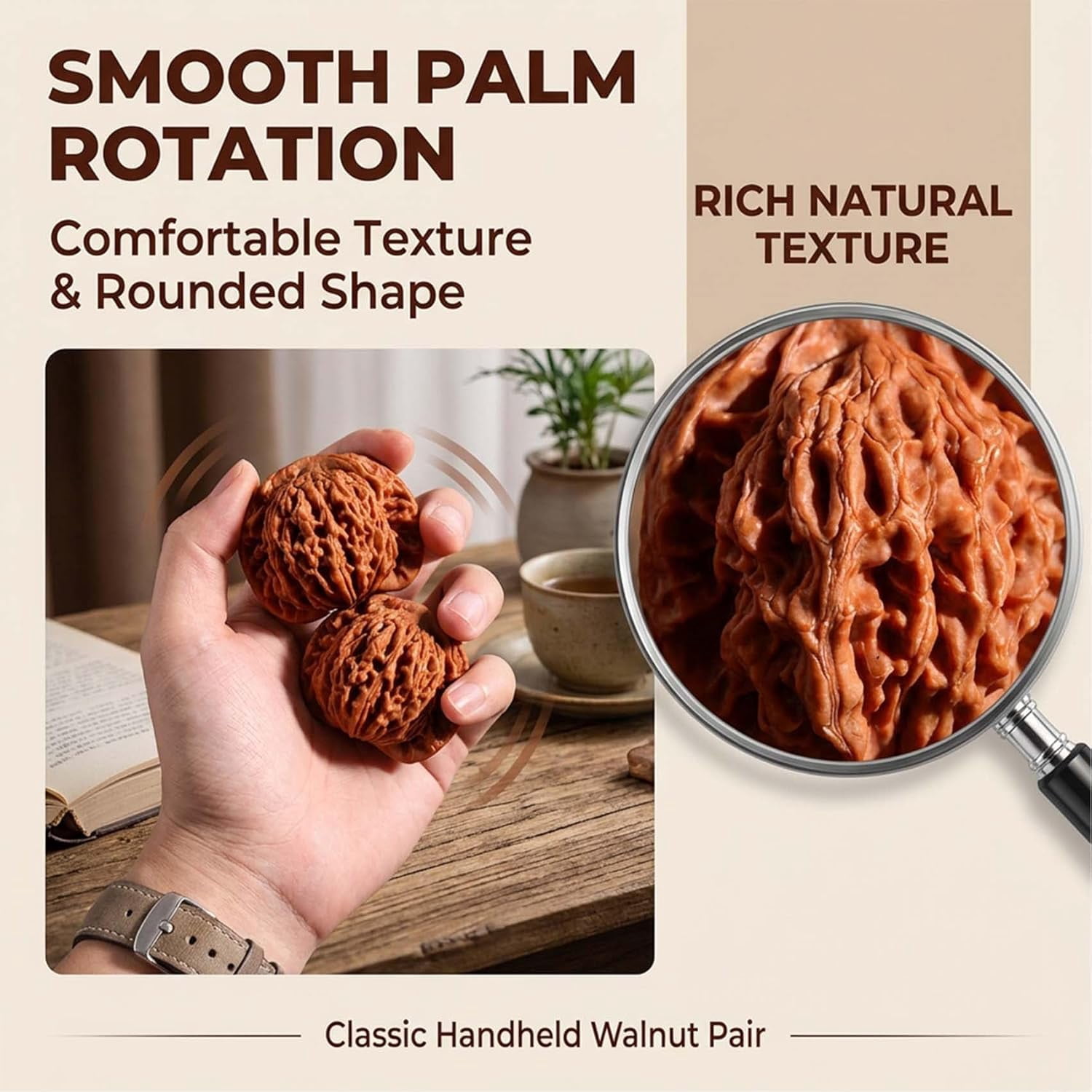 Natural Chinese Wenwan Walnuts - 1.8 Inch Hand Massage Fidget Balls for Stress Relief Relaxation, Smooth Polished Surface, Durable Wear-Resistant Shell Develops Patina, Gift for Adults Seniors