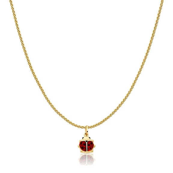 14K Yellow Solid Gold Lady Bug Colored Enamel Lucky Charm Pendant with 0.9mm Wheat Chain Necklace