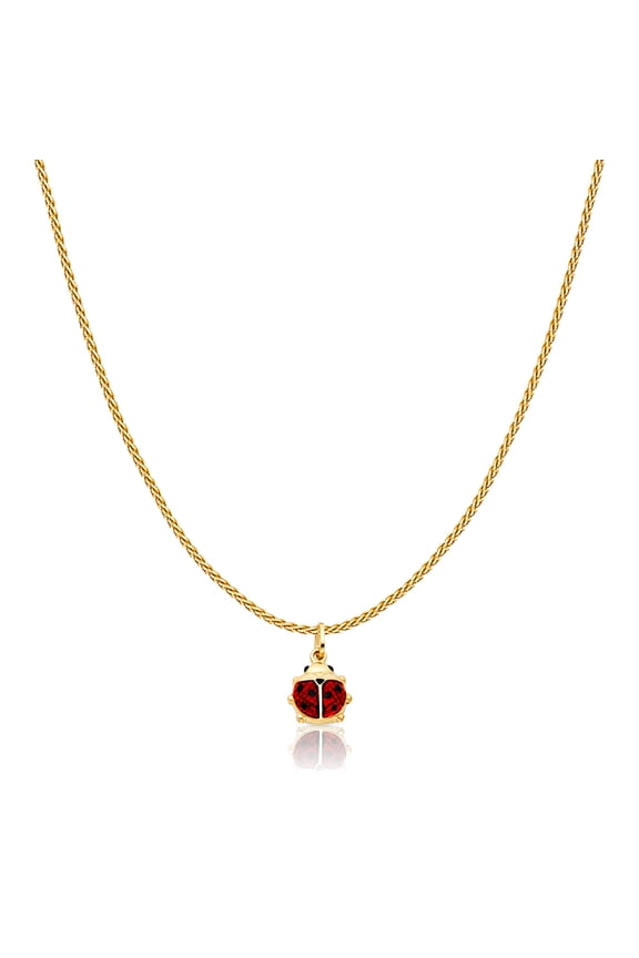 14K Yellow Gold Lady Bug Colored Enamel Lucky Charm Pendant with 0.9mm Wheat Chain Necklace - 20"