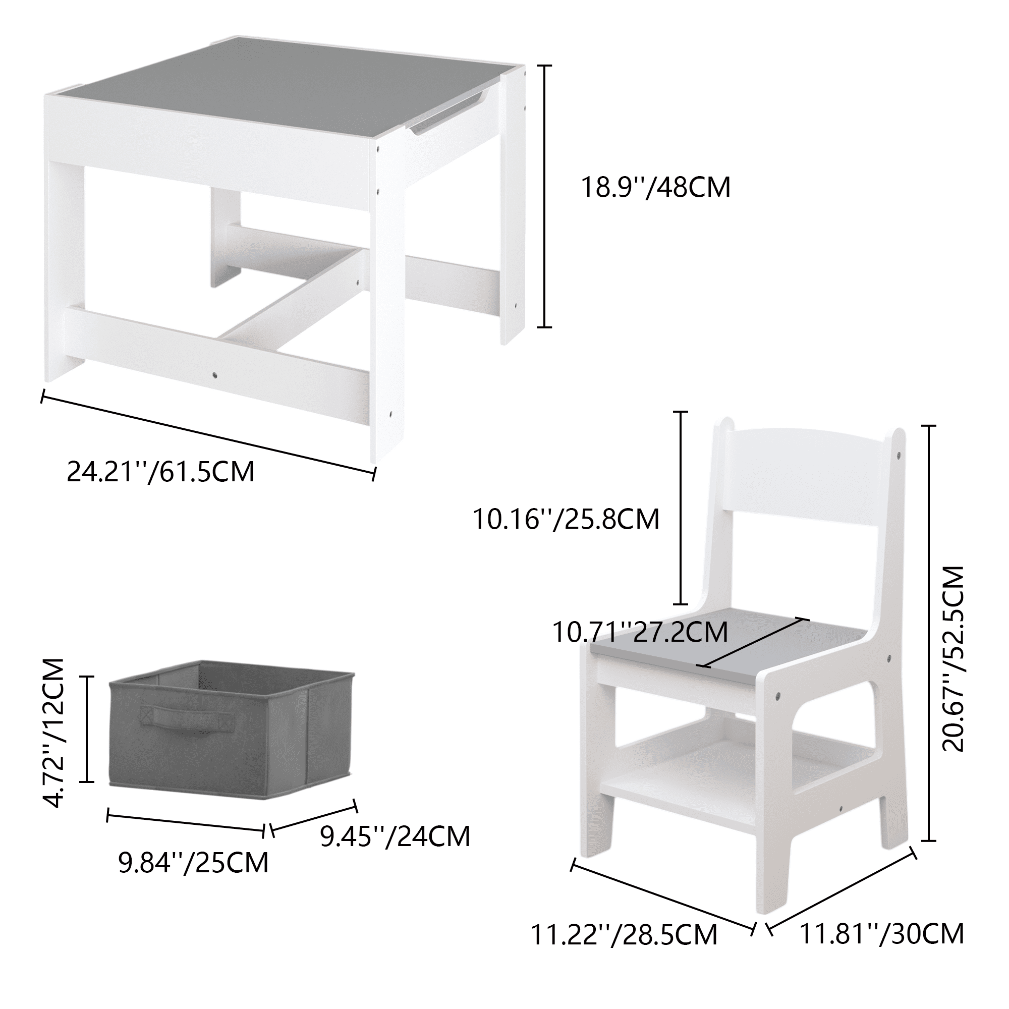 3-in-1 Kids Table and Chair Set with Storage Drawer and Reversible Tabletop, Wooden Activity Table and Art Desk for Toddlers, White and Gray