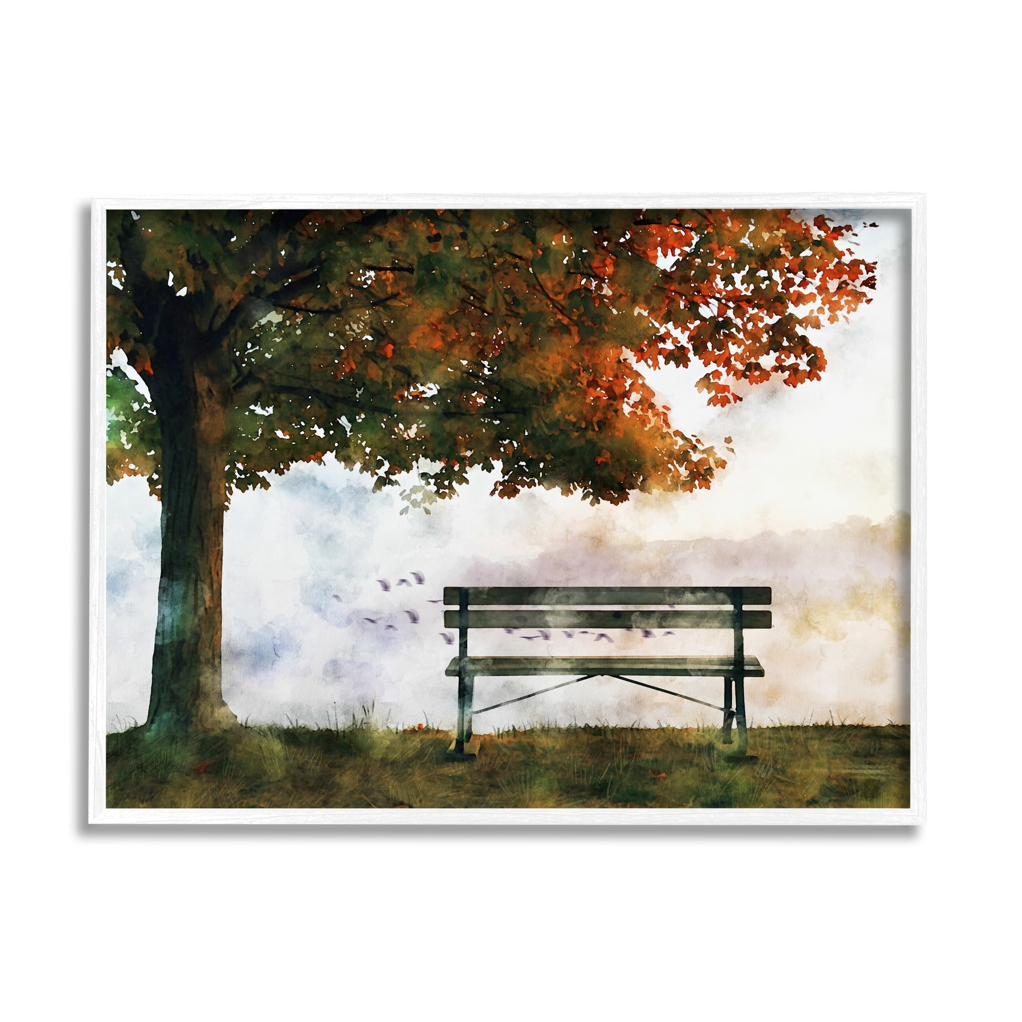 Quiet Autumn Park Bench and Tree Surrealist Illustration Landscape Graphic Art Framed Art Print Wall Art