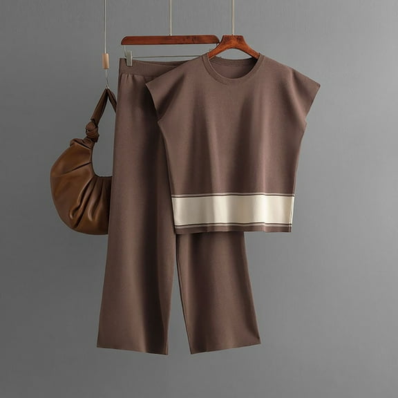 Itsame Womens 2 Piece Outfits, Sleeveless Tops Wide Leg Pants Loose Casual Sets Coffee Free Size