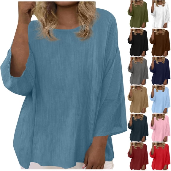 Otntypg Gauze Shirts for Women Lightweight Casual Summer 3/4 Length Sleeve Basic Solid Color Crewneck Oversized Flowy T-Shirts Loose Cozy Pullvoer Tops