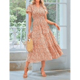 thumbnail image 4 of Summer for Women 2025 Casual V Neck Puff Short Sleeve Smocked Flowy Beach Boho Long Floral Maxi Dress Orange XXL, 4 of 7