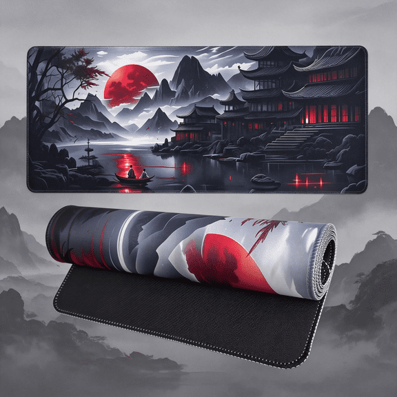 GJX Large Gaming Mouse Pad, Anime Black Mousepad with Stitched Edges, Expanded Cool Desk Mat, Japanese Red Moon Xl Keyboard Mat Suitable for Home Office,27.5 X 11.8 Inch