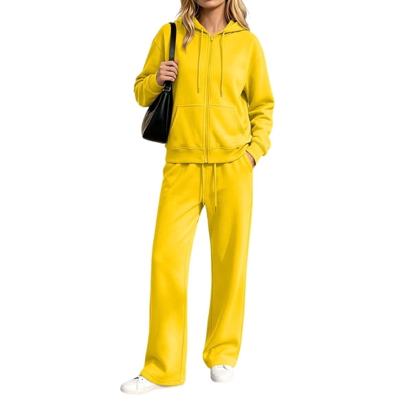 vdgthytj Sweatsuits Women 2 Piece Outfit Full Zip Long Sleeve Hooded Jackets Drawstring Straight Leg Pants Fall Casual Athletic Sets(X-Large,Yellow)
