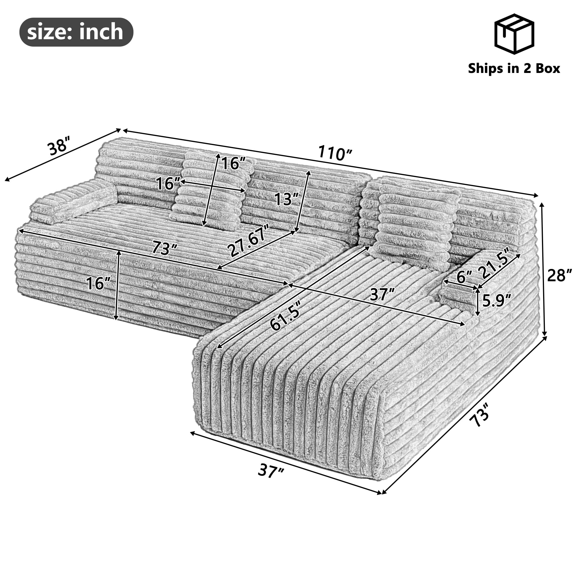 MOONMISS 110" Faux Rabbit Fur L-Shaped Modern Minimalist Modular Free Combination Sofa-Beige