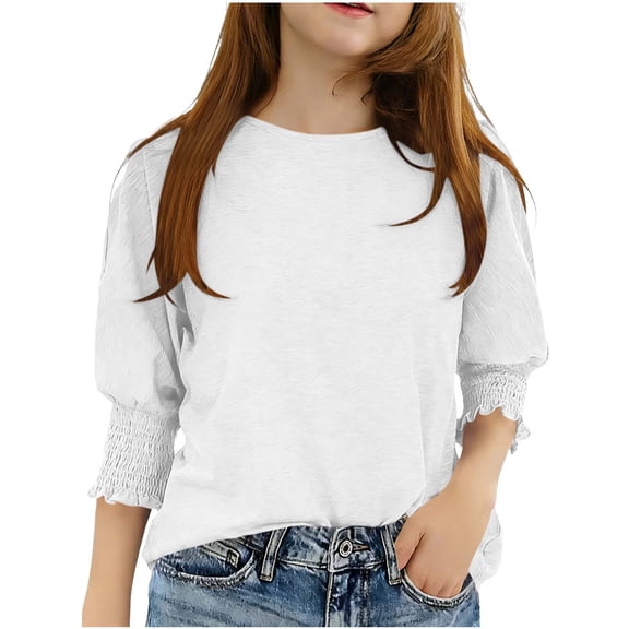 fatyb Girls Puff 3/4 Sleeve Tops Crew Neck Casual Blouses Kids Girls Summer Tee Shirts for 3-13 Years