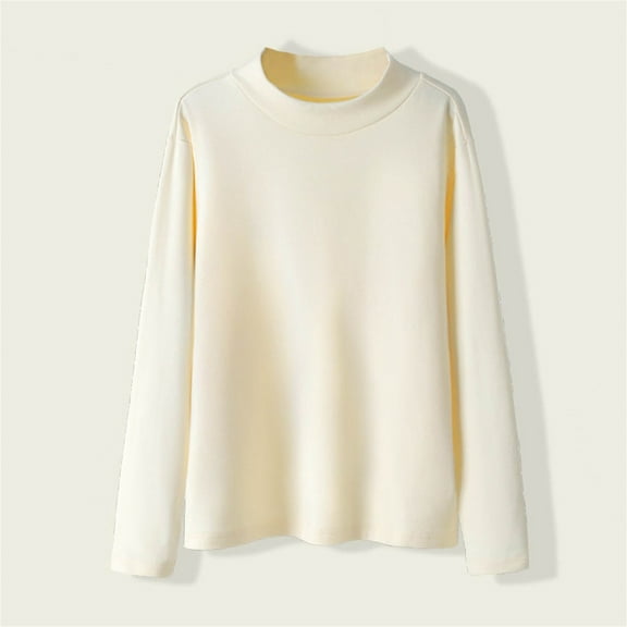 Delliss Girls' Fall Solid Color Shirt Loose Long Sleeve High Neck Basic Top Beige 150