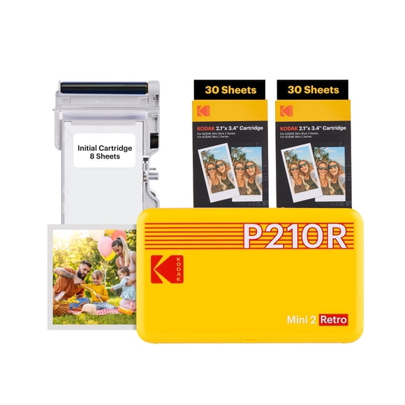 KODAK Mini 2 Retro 4PASS Impresora de Fotos Portátil (5,3x8,6cm) + Pack con 68 Hojas, Amarillo