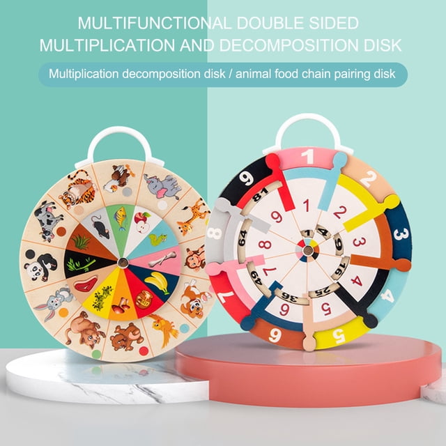 Daisyyozoid Wholesale Wooden Double-sided Multiplication Math Plate Animal Food Pairing Turntable Toy