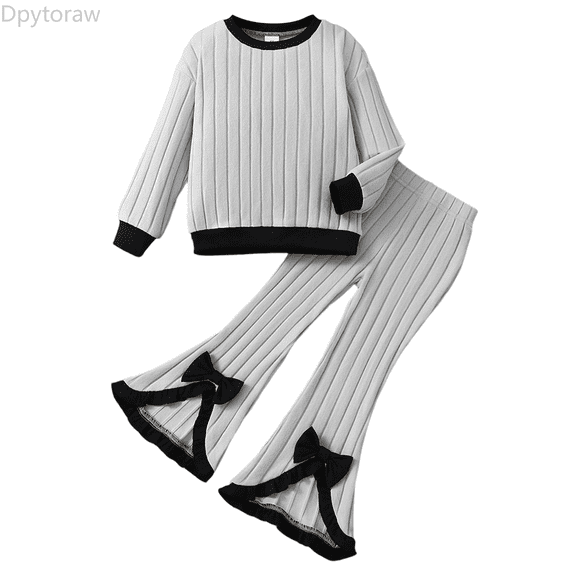 Dpytoraw Ribbed Long Sleeve Round Neck Top With Flared Pants Outfit For Baby Toddler Girls Comfortable Casual Playwear Everyday Fashion Back to school outfits 2026 Size Gray 3-4 Years