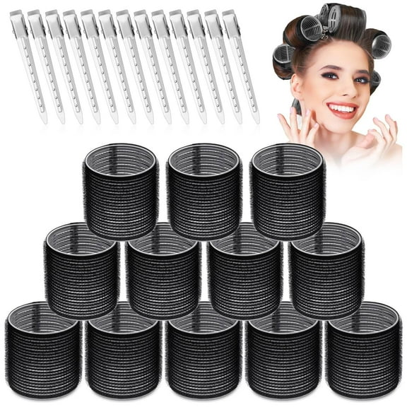 Jumbo Hair Curlers Rollers, 24pcs Set with 12 Hair Curlers Self Grip Holding Rollers and 12 Stainless Steel Duckbill Clips for Long Medium Hair Bangs Volume Haircare Heatless