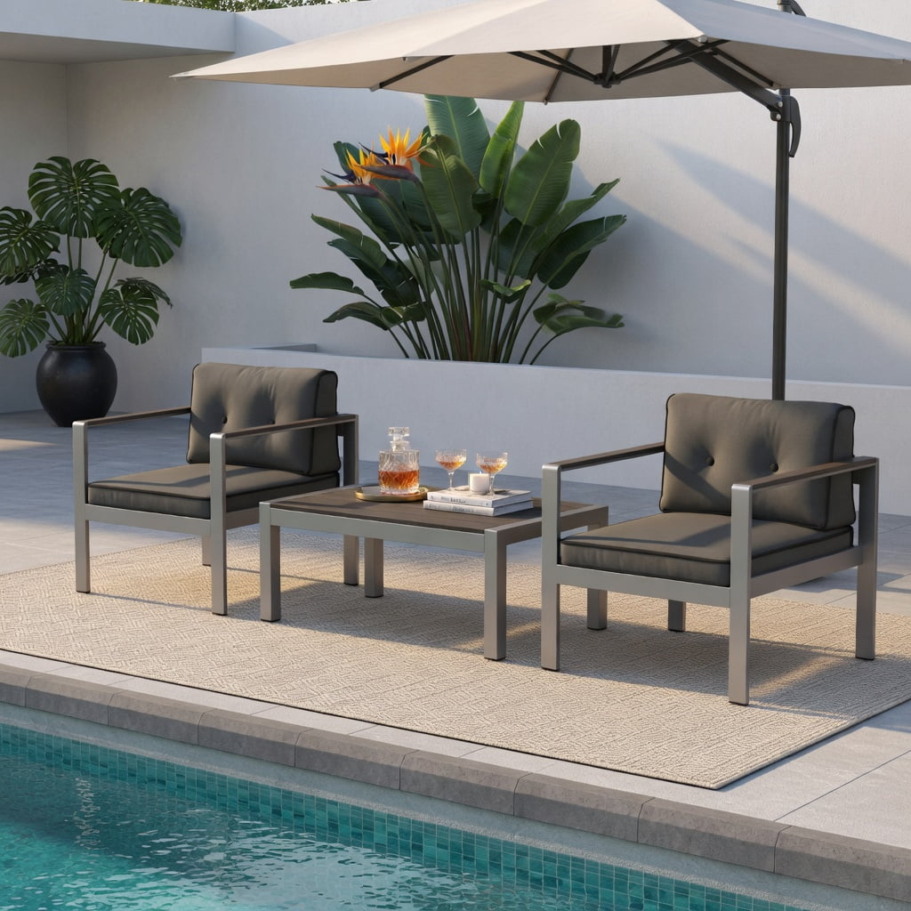 Hommoo Modern Aluminum Outdoor Sofa Chair with WPC Armrests, Olefin Cushions & Ergonomic Support, Lightweight, Weather-Resistant Patio Seating, Gray