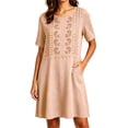 thumbnail image 2 of Ayolanni Short Sleeve Sundresses for Women Solid Button Henley Midi A-Line Dress Casual Embroidered Linen Flowy Vacation Sundress with Pockets Pink XL, 2 of 6